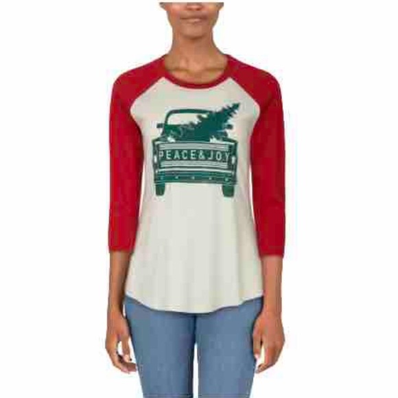 Natural Reflections Truck Raglan 3/4 Sleeve Baseball T-Shirt Crew Neck Christmas - Picture 1 of 10